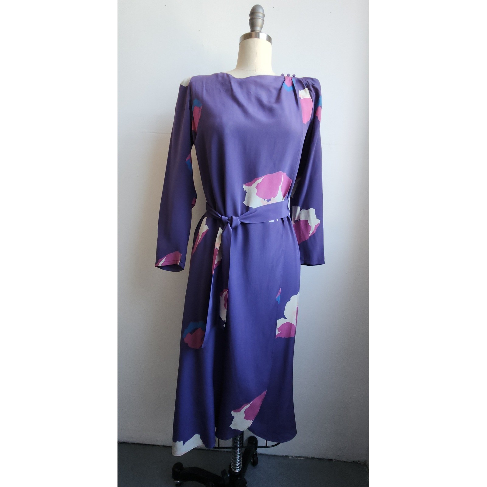 Nora Noh Silk Midi Dress Purple 8 Vintage Abstract Floral Retro 80s Avant Garde