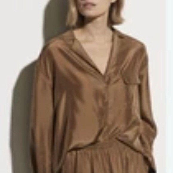 Vince 100% SILK Pocket Pullover Popover Top Blouse, SZ XL, Color Gold/Brown