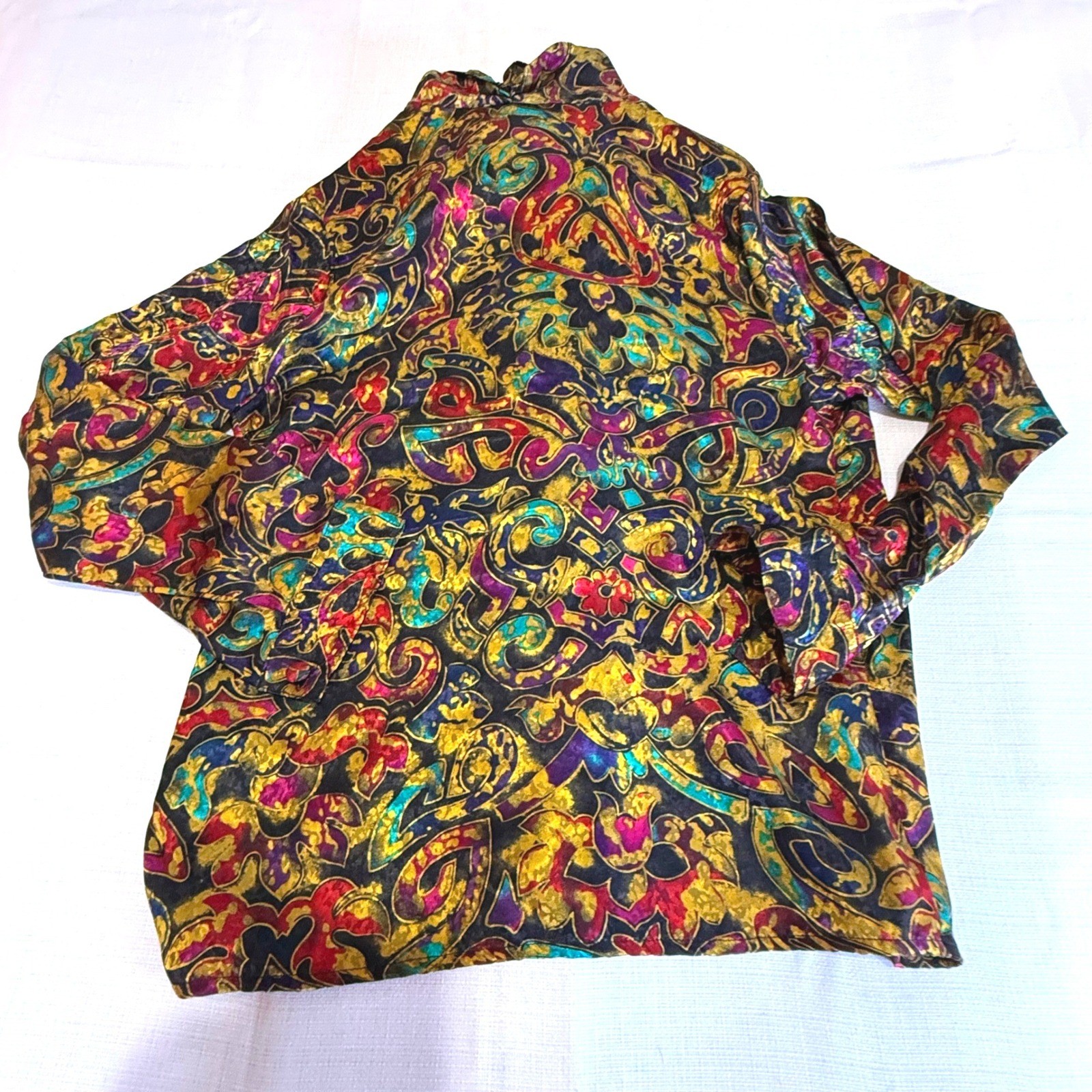 Vintage Jewel Tone Baroque Paisley Satin Pussybow Tie Neck Blouse Top