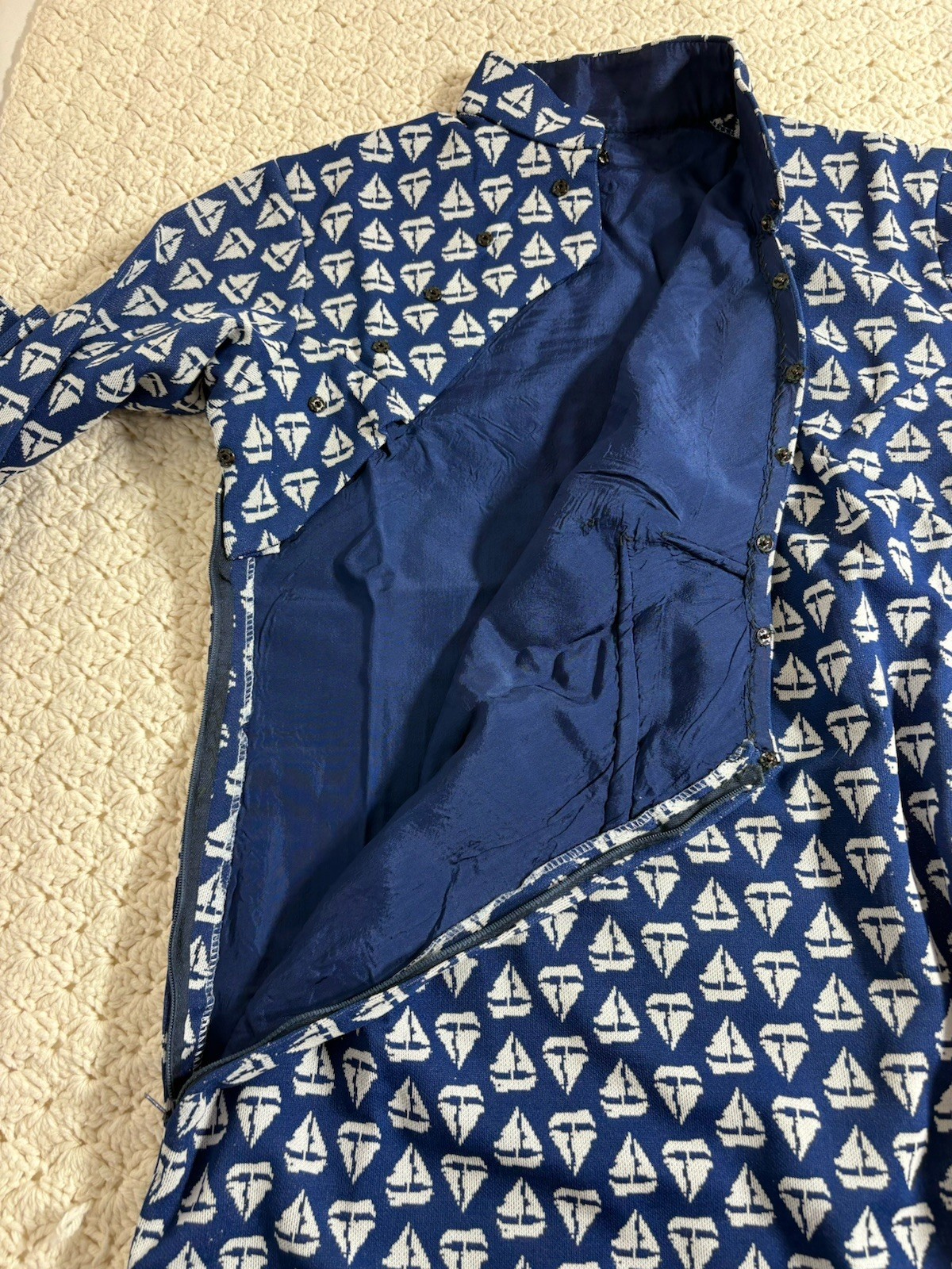 Vintage 70s Handmade Double Knit Polyester Nautical Print Dress Women’s Small