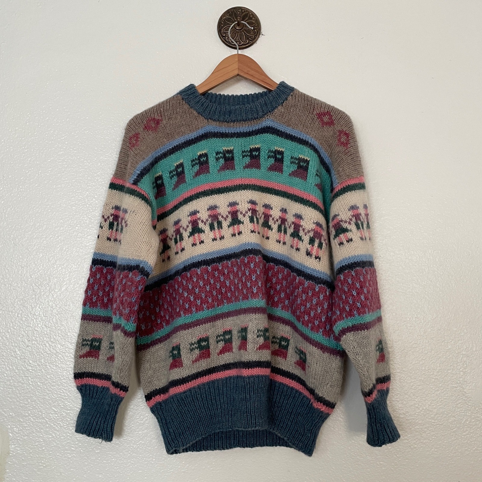Vintage Hand Knit Wool Fair Isle Sweater Paper Doll Pattern Multi Color Chunky