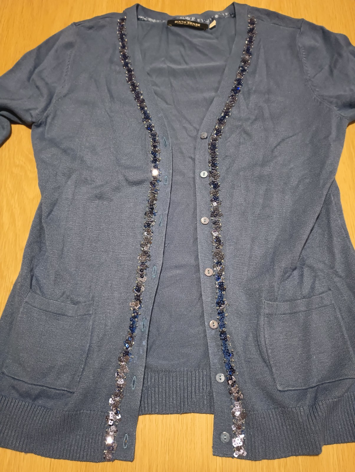 Vtg 80s YOUR SIXTH SENSE Stretch Viscose Cornflower Blue Cardigan Sweater S