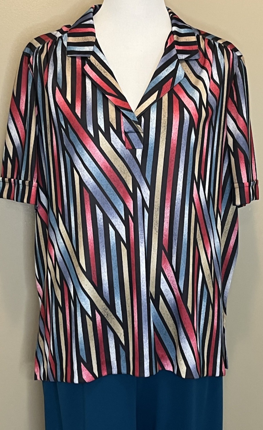 Vintage 70s Polyester M/L Shirt Pant Set NWT Lady Devon Disco Geometric Stripes