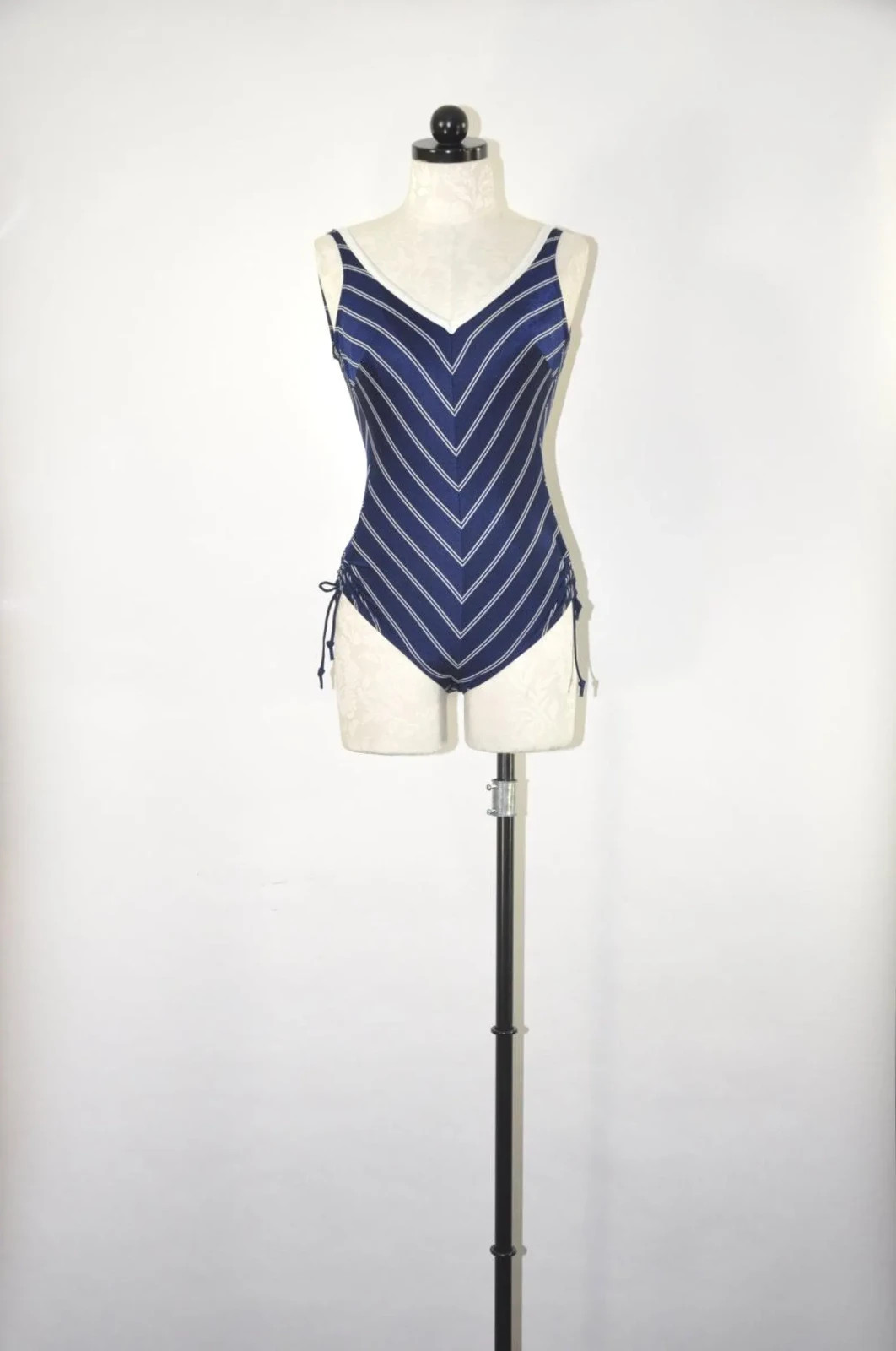60s Nautical Navy Blue White Chevron Striped Backless One Piece Swimsuit Women M