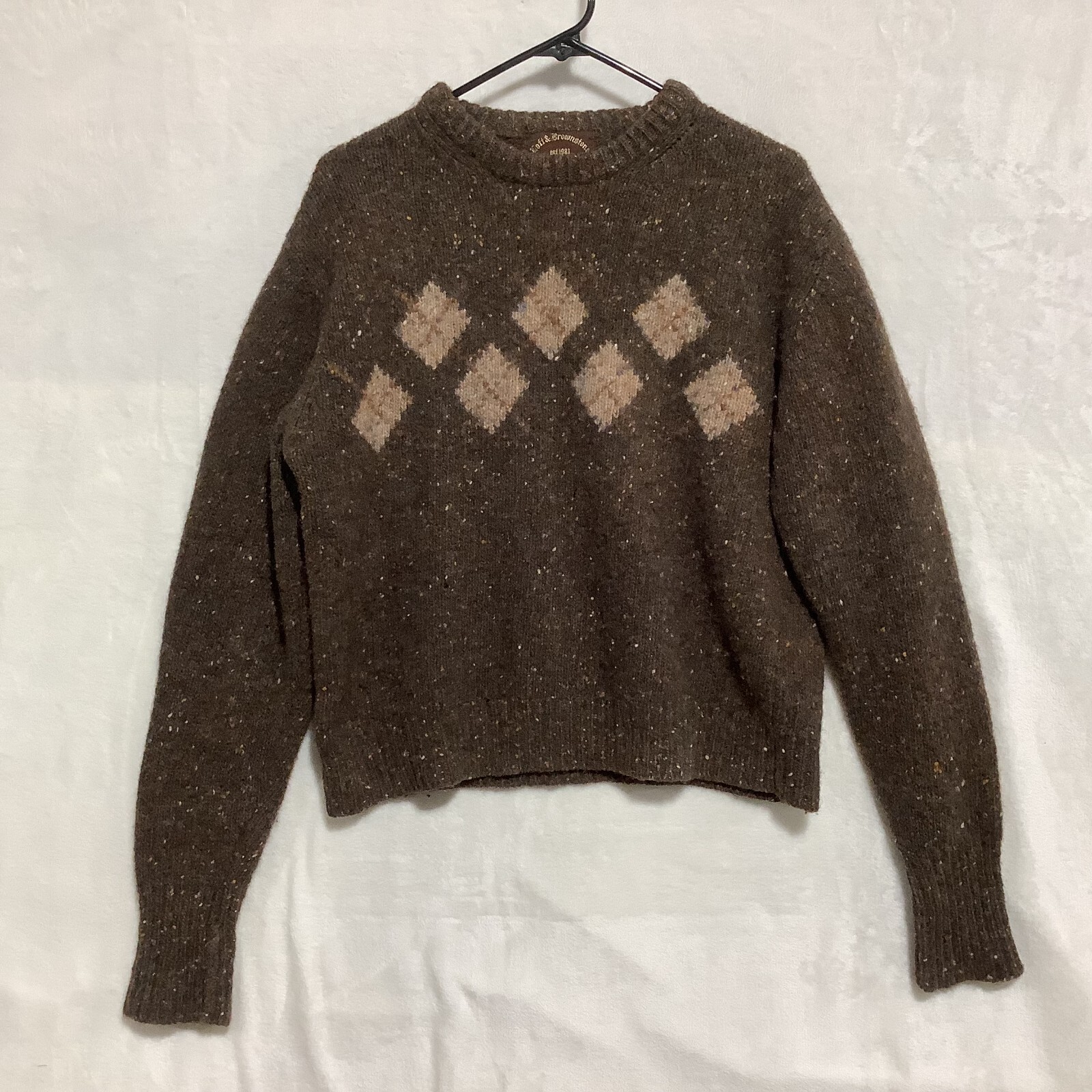 VTG 90s Loft & Brownstone Brown Argyle 100% Wool Knit Sweater Warm **Size S **