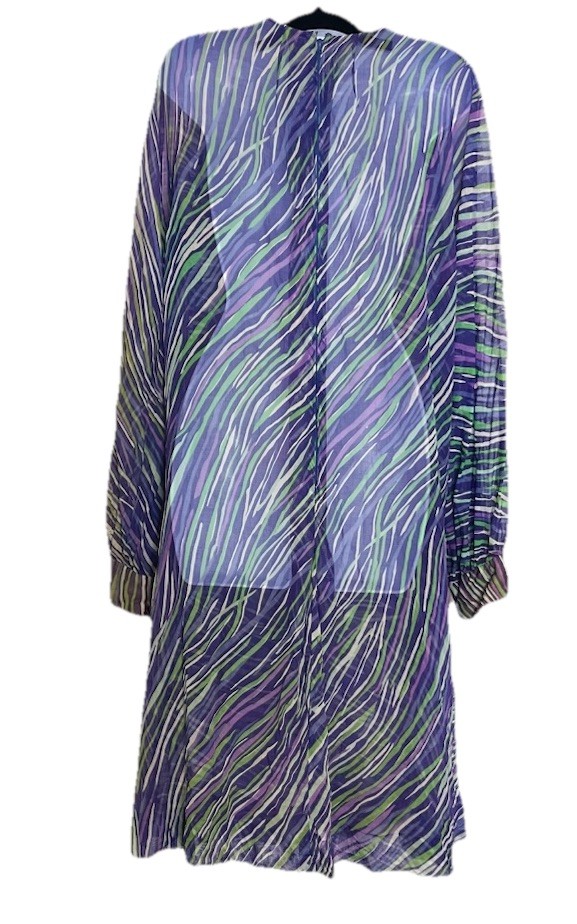 VTG Pauline Trigere Chiffon Midi Dress Abstract Geometric Wave Print 70s *NOTE