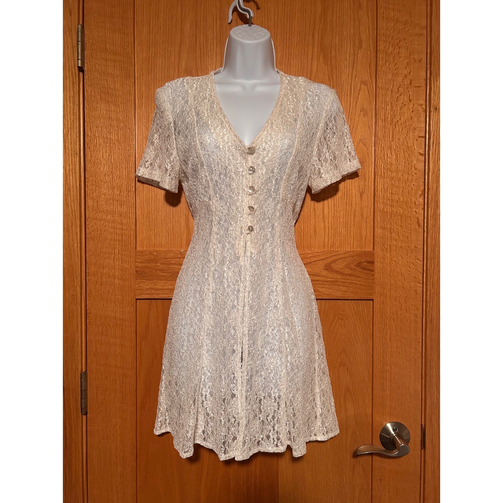 Vintage 90s Dawn Joy Ivory Sheer Lace Button Front Jacket Dress Cottagecore