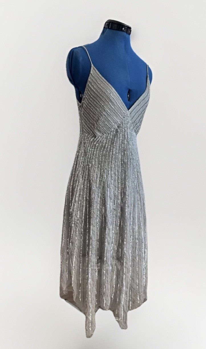 Vintage 90s Stenay Silver Grey Beaded Sequin Party Cocktail Gatsby Dress Size 8P
