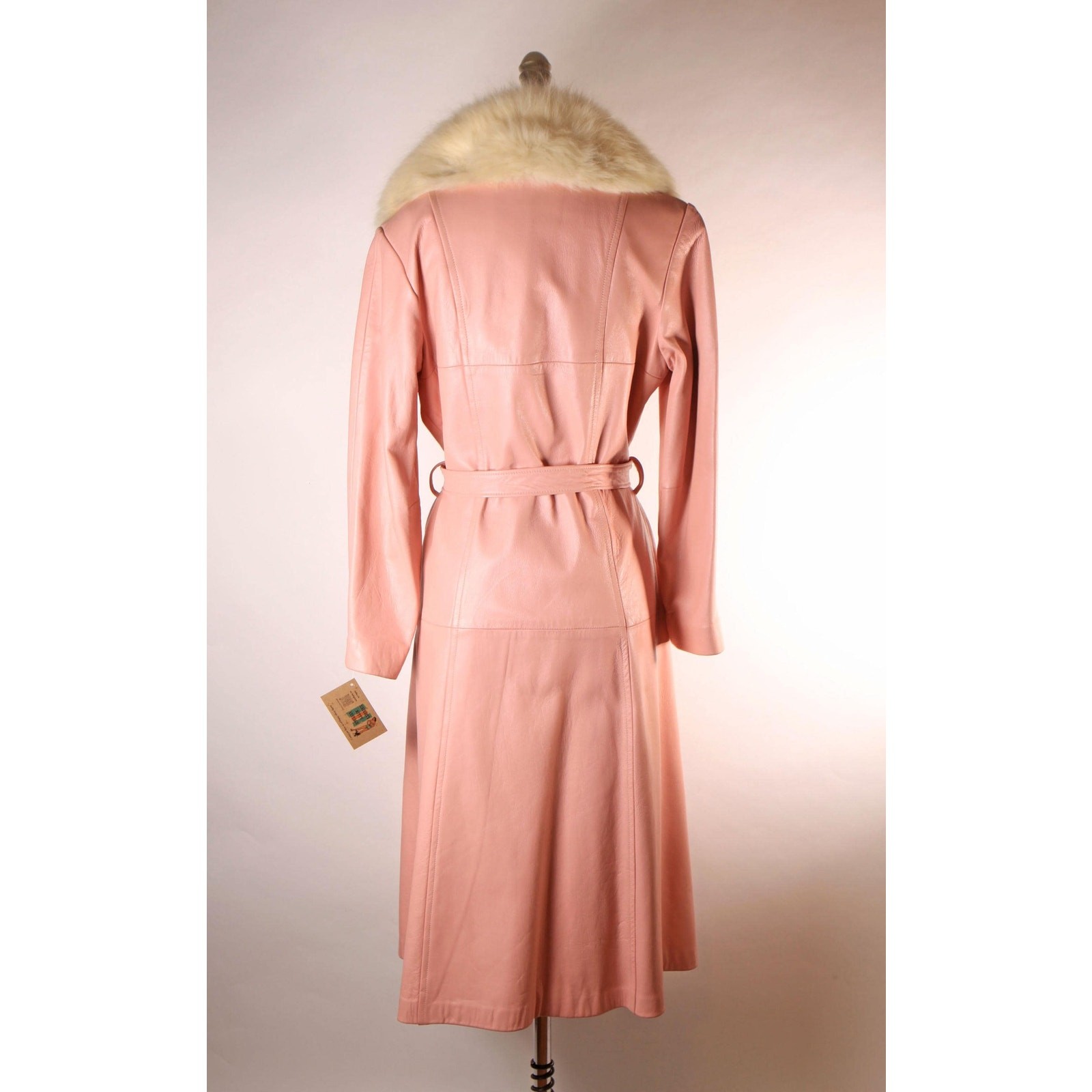 1970s Pink Leather Cream Fox Fur Trench Coat by New England Sportswear Company
