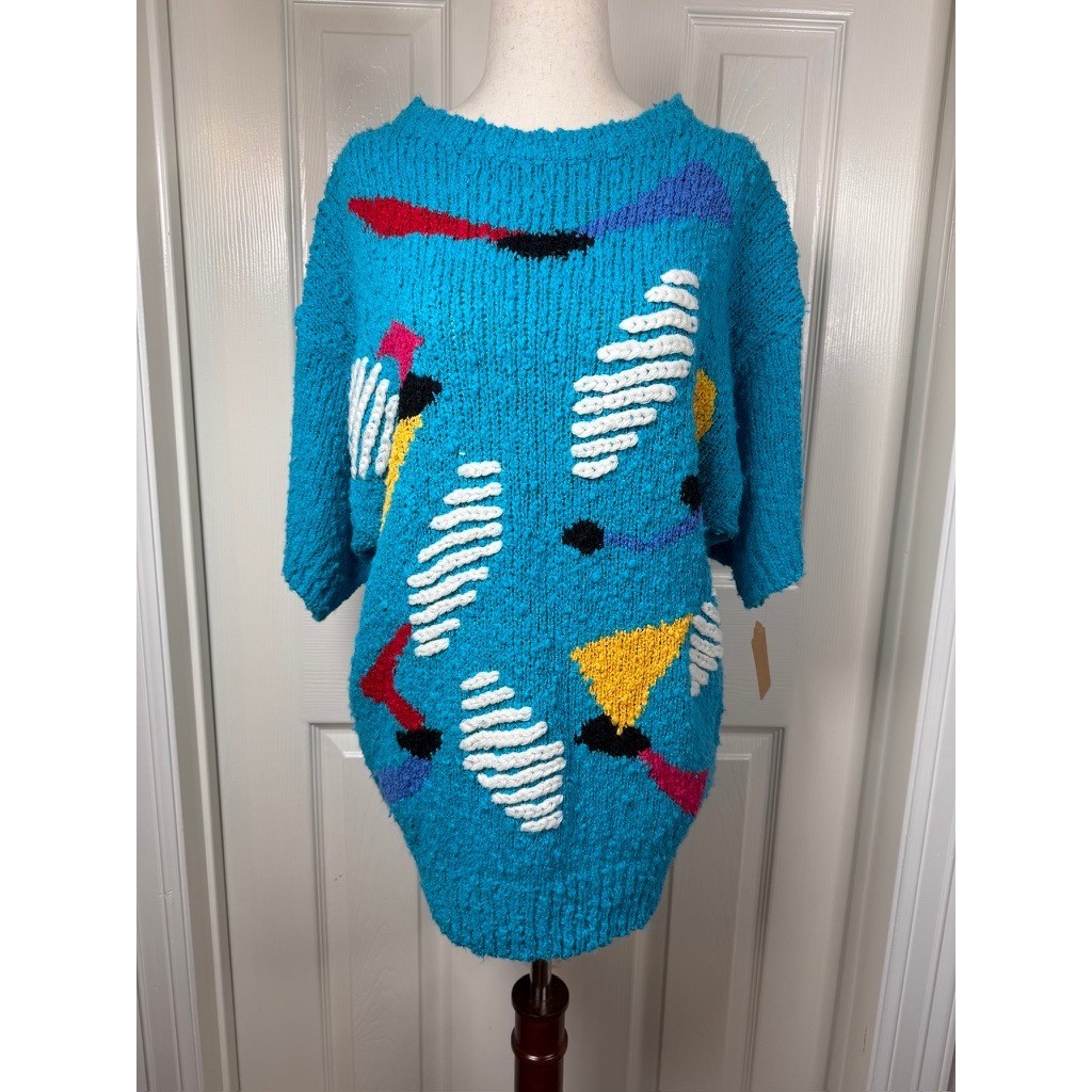 Chaus Vintage 80s Turquoise Geometric Textured Knit Sweater Tunic Women’s M