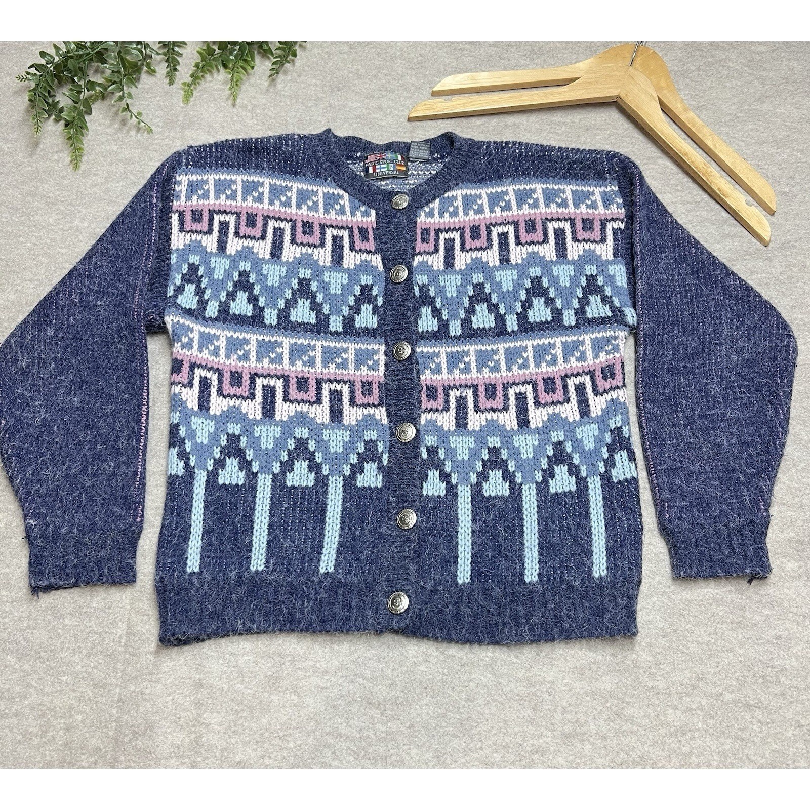 Paris Sport Club Universal Vintage Blue Fair Isle Fuzzy Knit Cardigan Sweater S