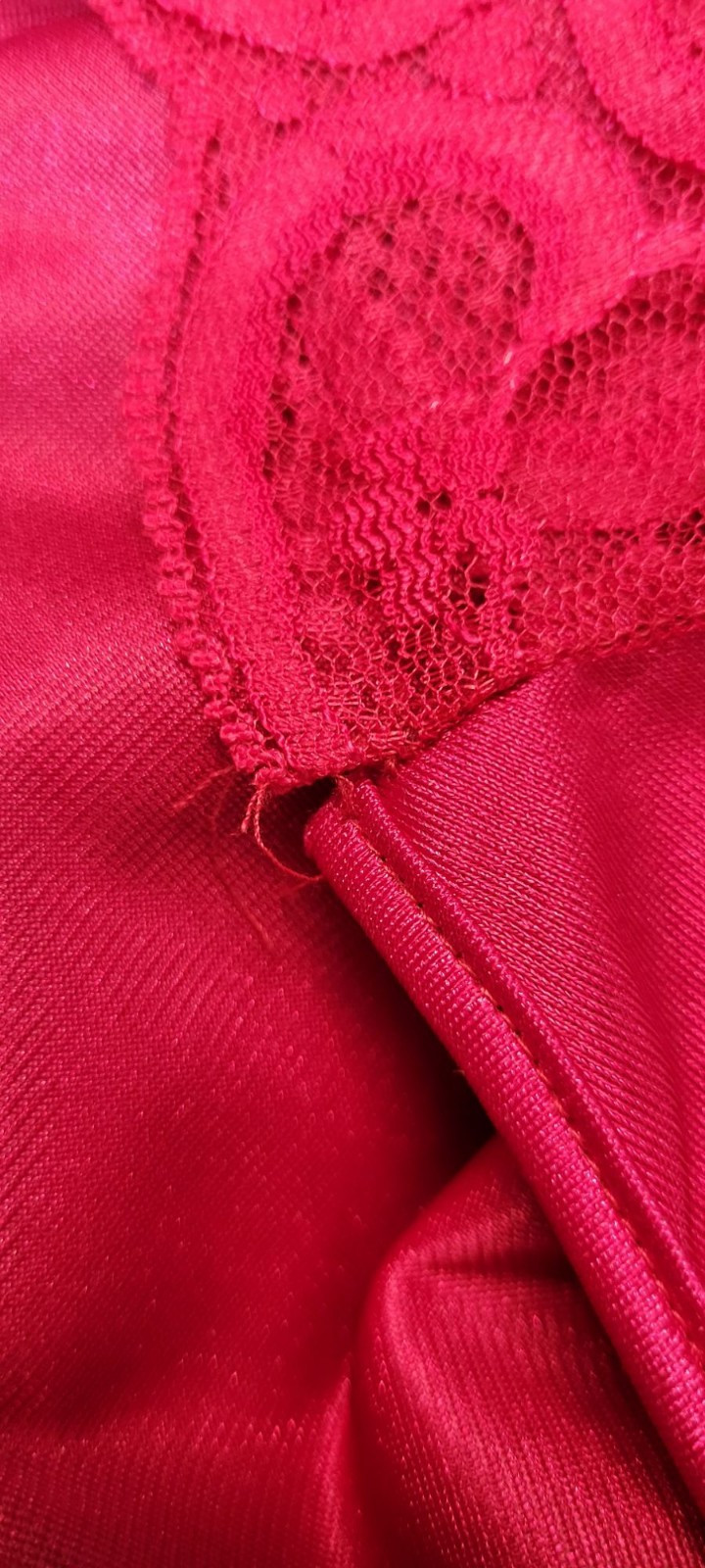 Vintage Soft Moments New York Red Nylon Satin & Semi Sheer Lace Slip Nightgown L
