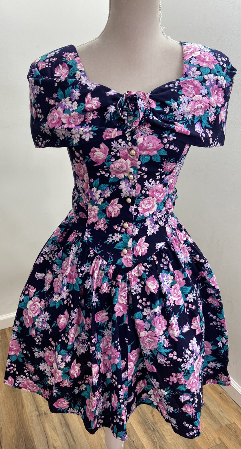 Vintage Sarah Richards Short Floral Fit Flare Dress Size 1 Small Multi-Color 80s