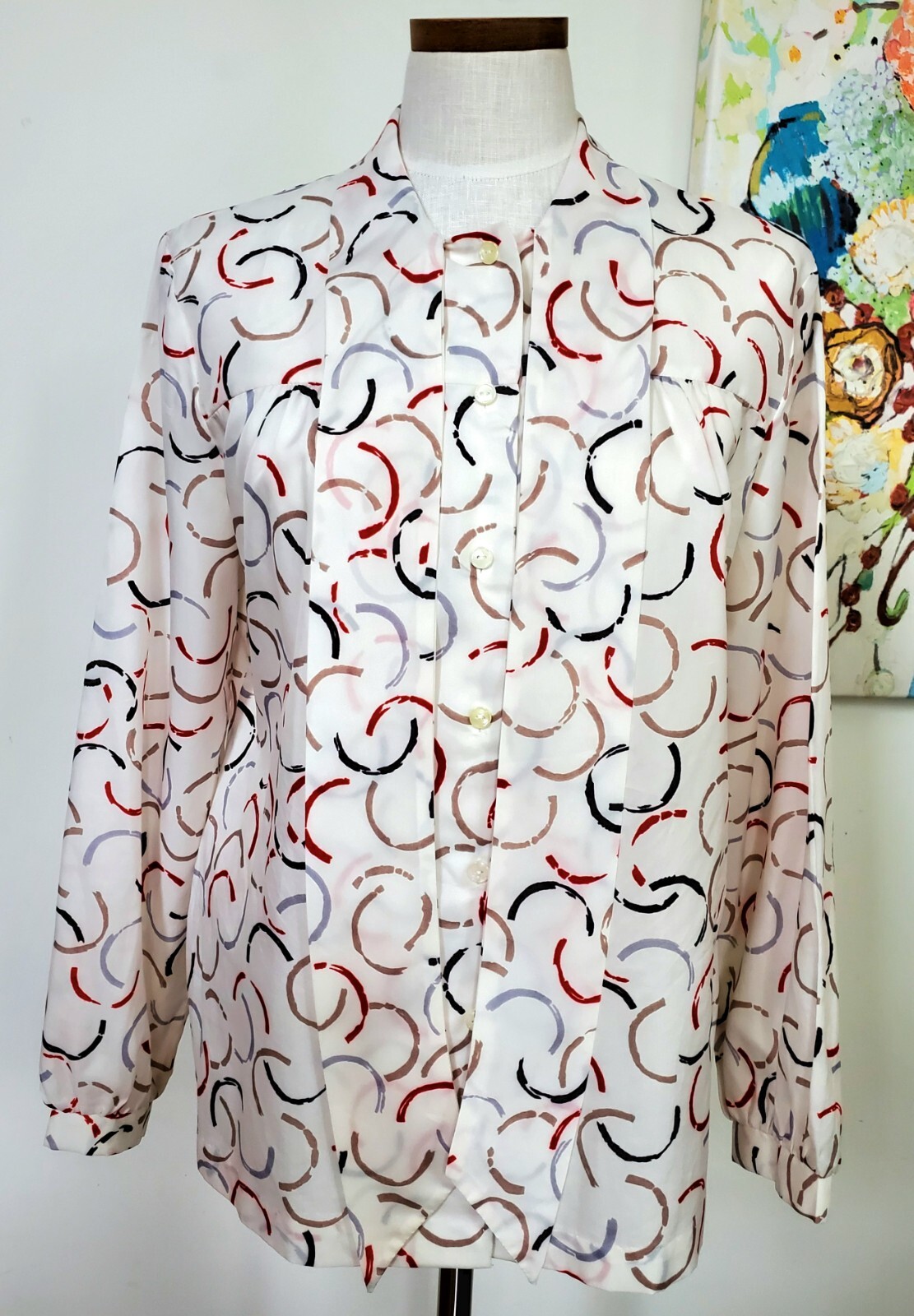 Vtg 80s Manor Park Cream Geometric Prints Front Tie Bow Button Up Blouse Sz L/XL