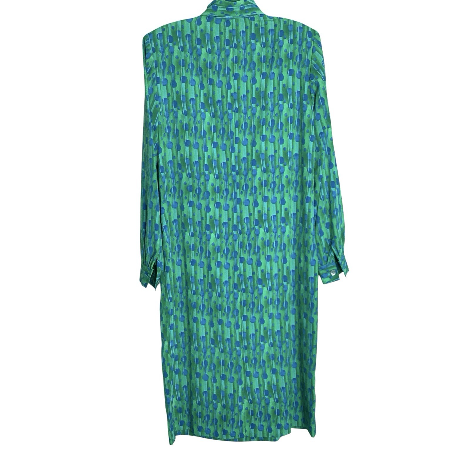 Vintage Dress Sz 10 Long sleeve Abstract Geometric Long Tie Belt Blue Green 70s