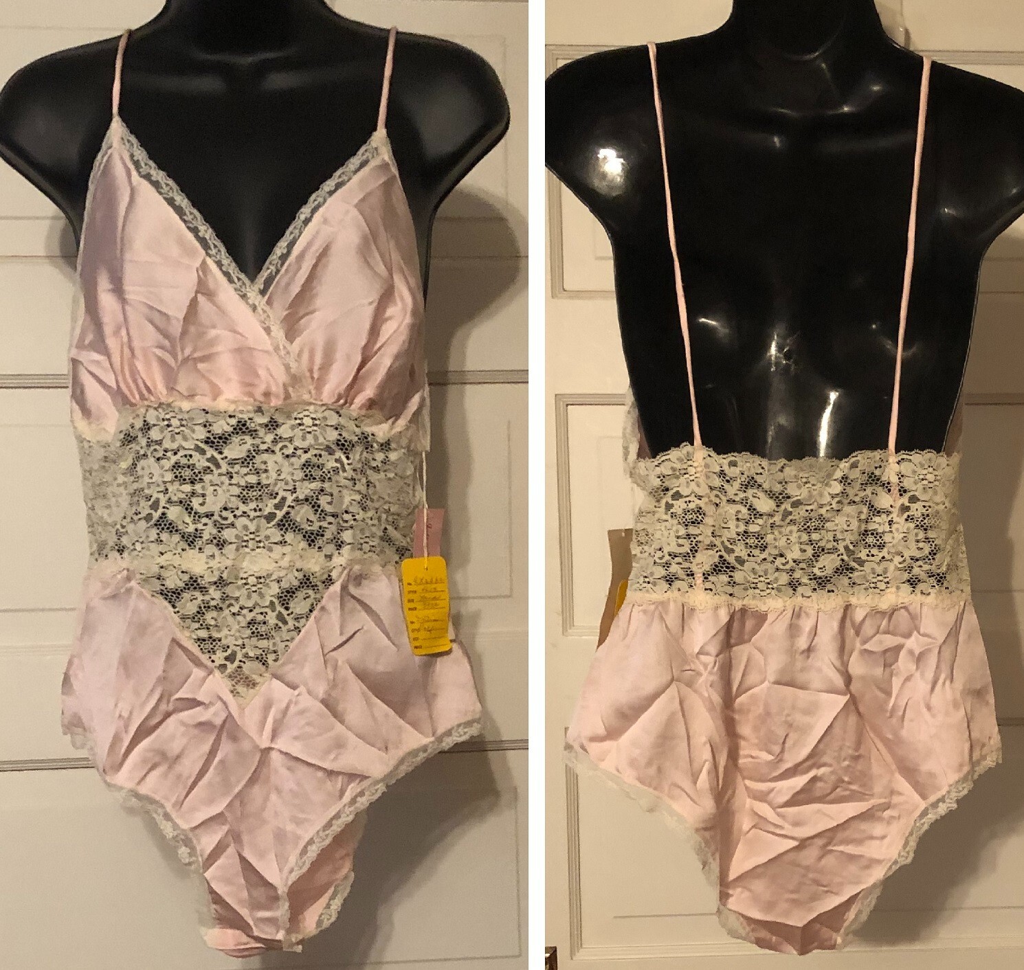 NWT Vintage 70’s Intimé of California Teddy Pink Beige Peekaboo Lace Open Back M