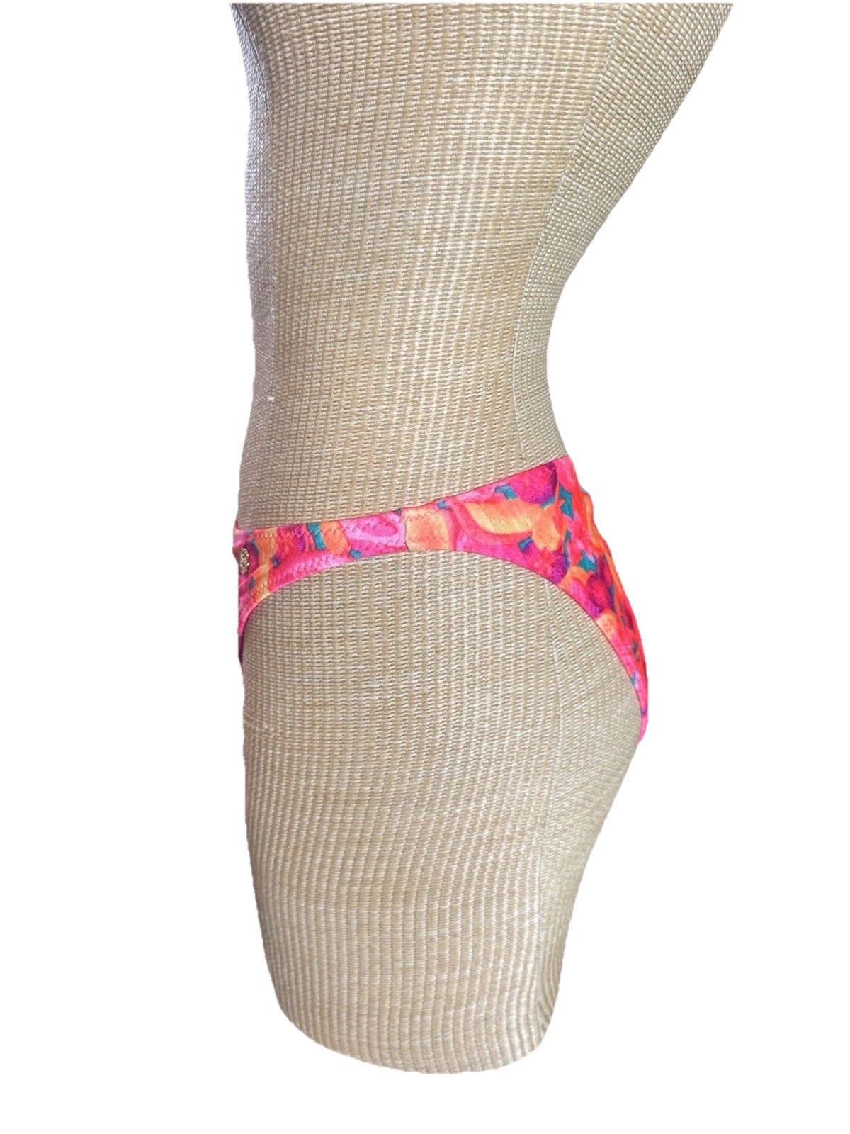 Vintage 90s High Cut Bikini Bottoms Neon Pink Print Ruched Bows USA Made SMALL