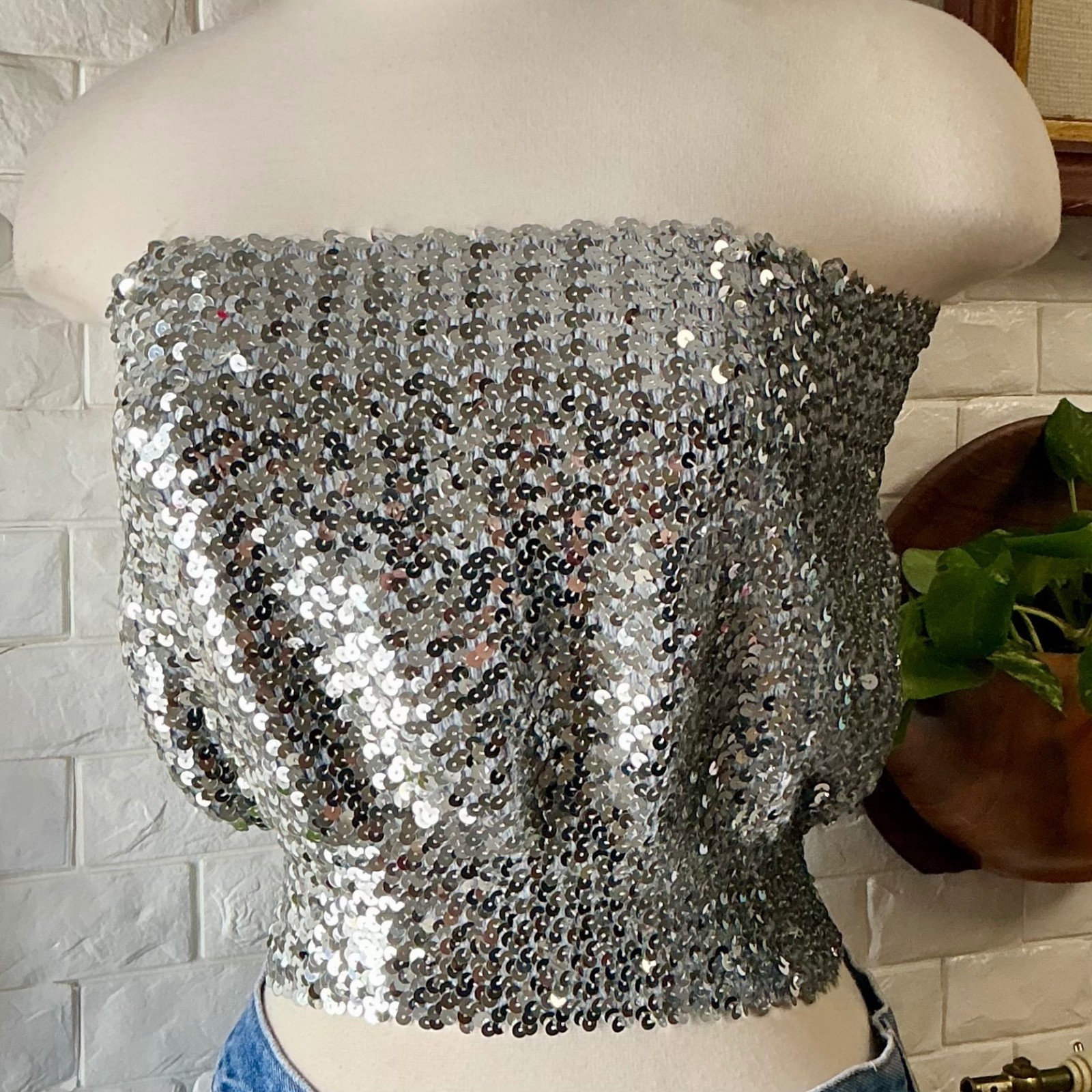 Vintage 1970s Disco Metallic Silver Sequin Tube Top