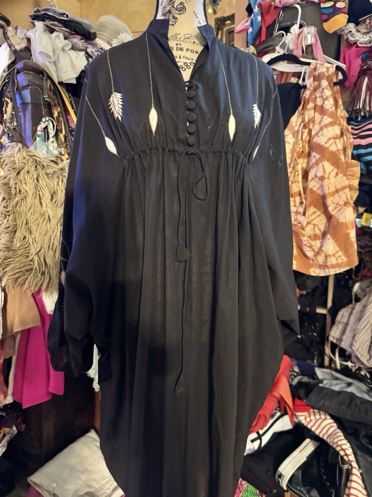 Vtg Kitty Kumar Calcutta India Cotton Caftan Embroidered Hostess Dress 70s Open