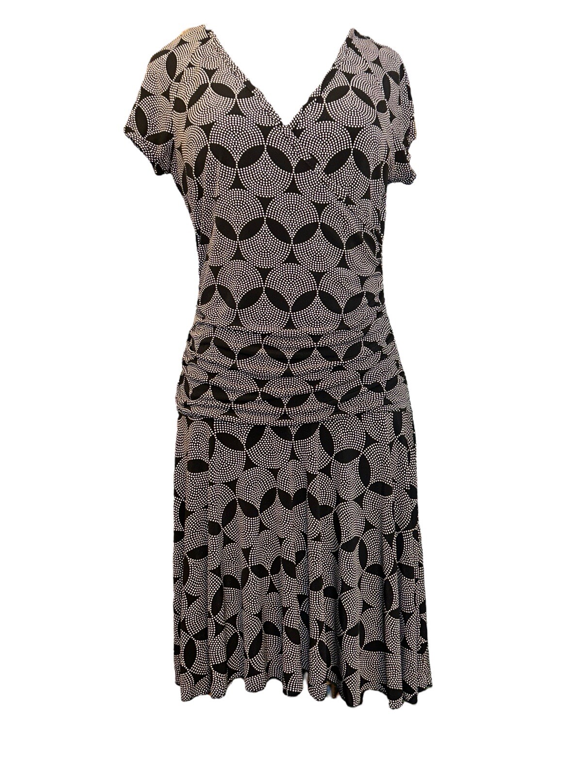 BCX V-Neck Cap Sleeve Ruching Bl/Wh Geo Print Short Faux Wrap Dress Women L VTG