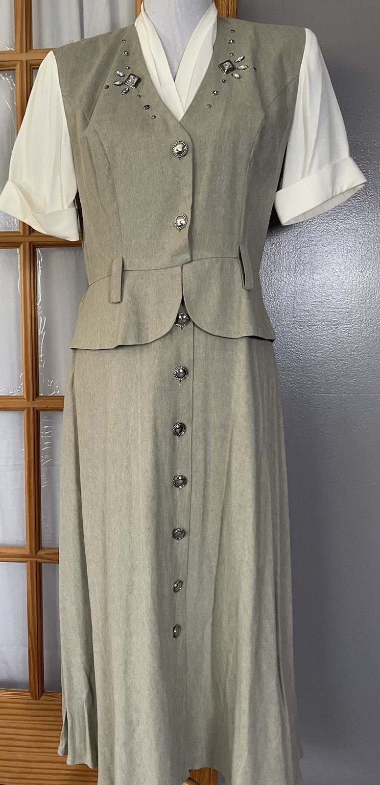 Vtg 70s SL Fashion Peplum Midi Dress 10 Button Up Sage Beads Classic USA Made
