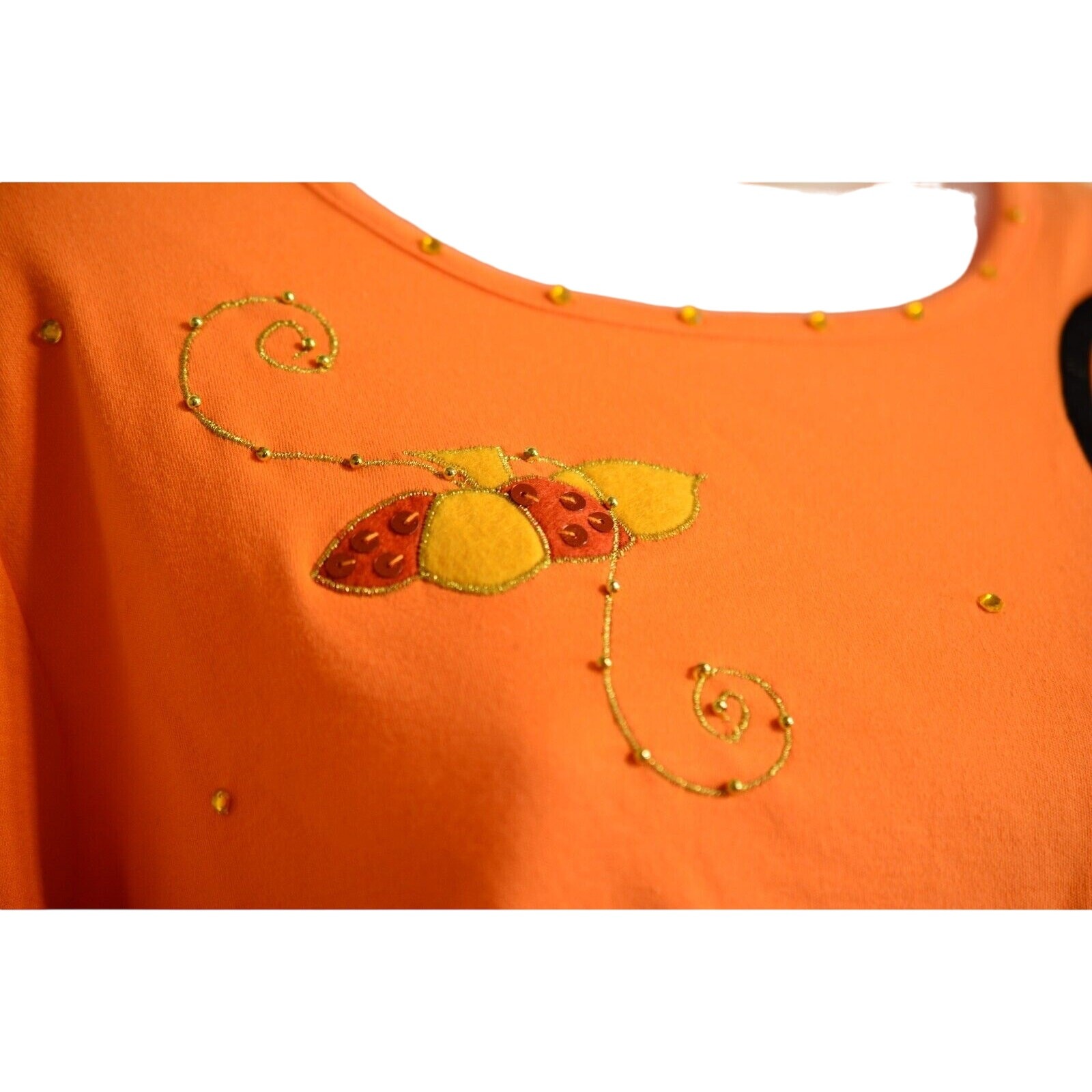 Jack B. Quick M Top Halloween Black Cat Pumpkin Orange Sequin 100% Cotton