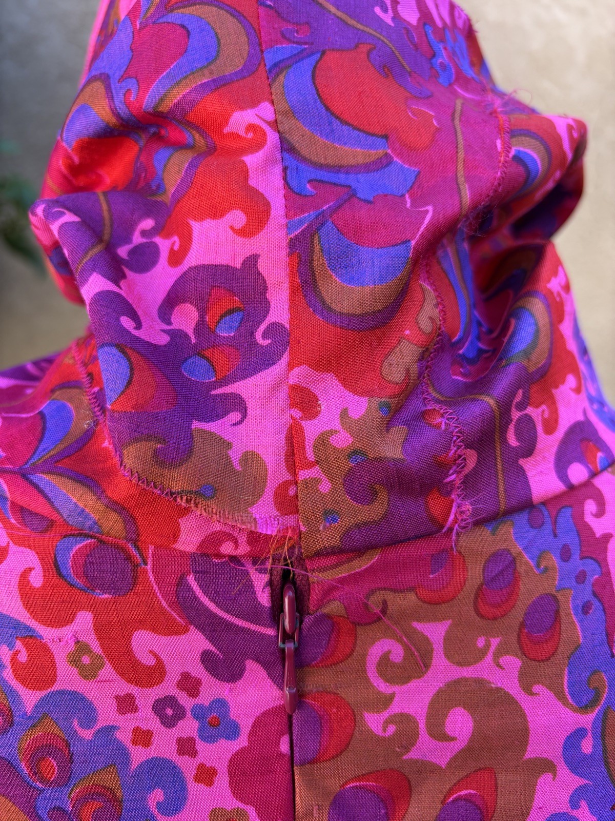 Vintage Thai Silk Bright Pink Psychedelic Cowl Neck Maxi Dress