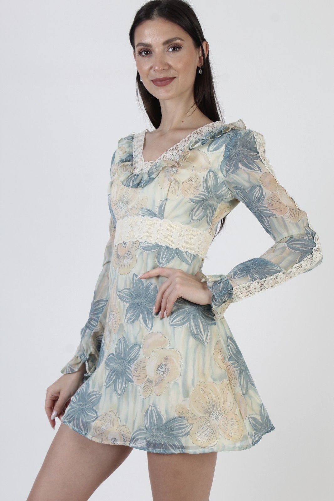Vintage High Waist Floral Dress 70s Prairie Peasant Hippy Micro Mini Sundress