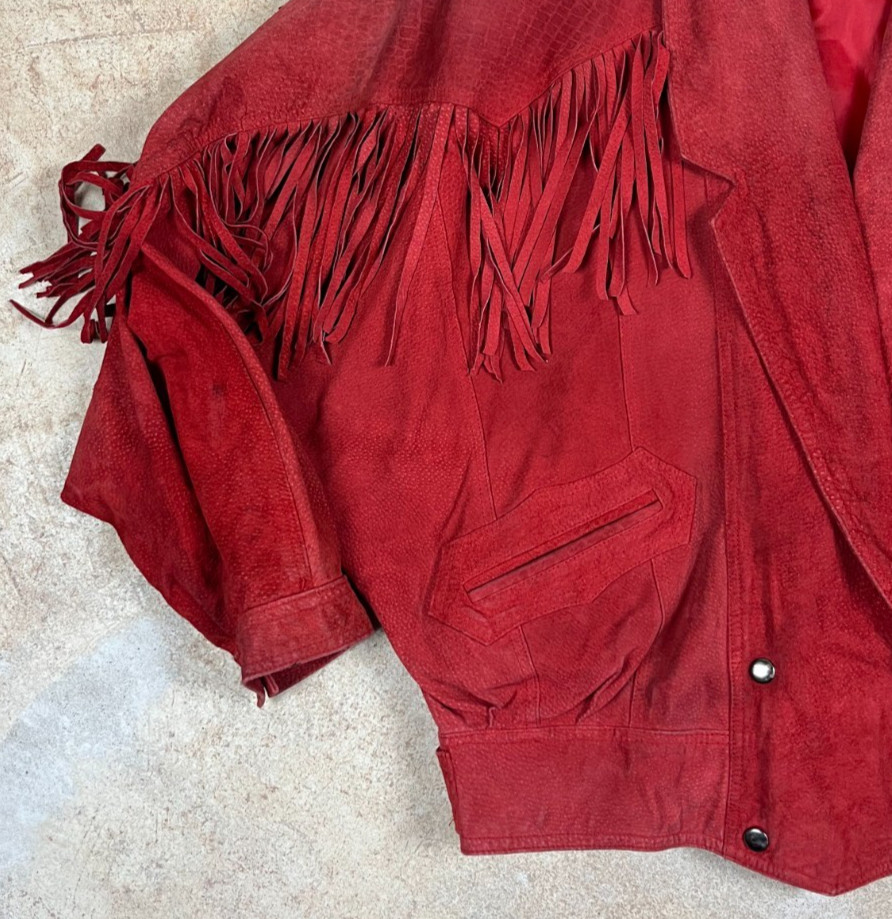 Vintage Red Learsi Western/Boho Leather Jacket with Fringe Tassels