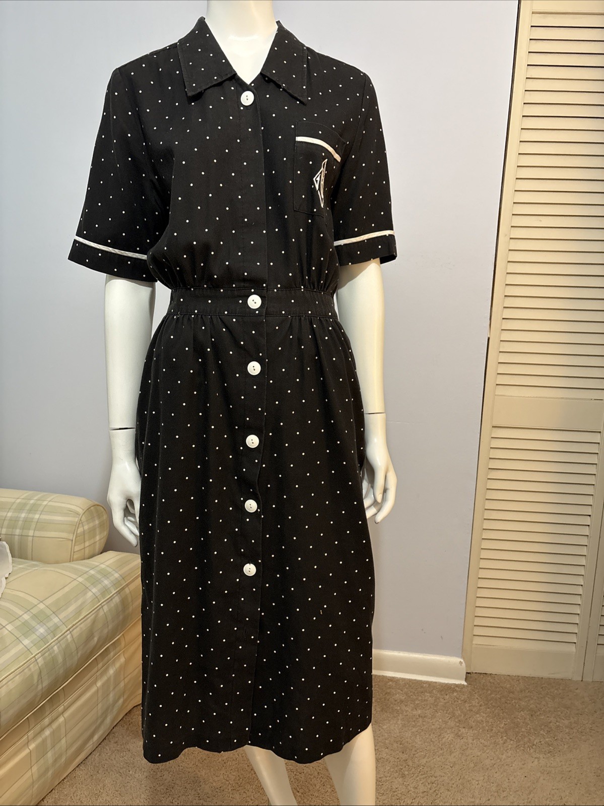 VTG IFI Black With White Polkadots Dress Pockets Sz 10