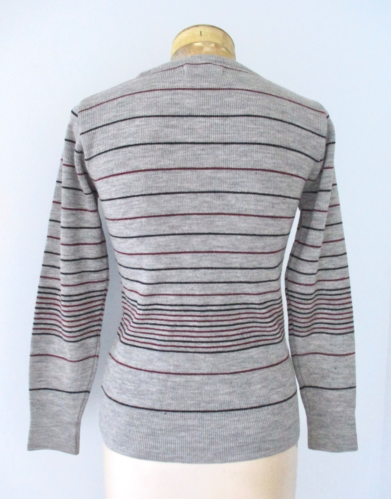 Vtg 60s 70s Donnkenny Gray Red Navy Stripe Acrylic Knit Sweater Disco Top S/M