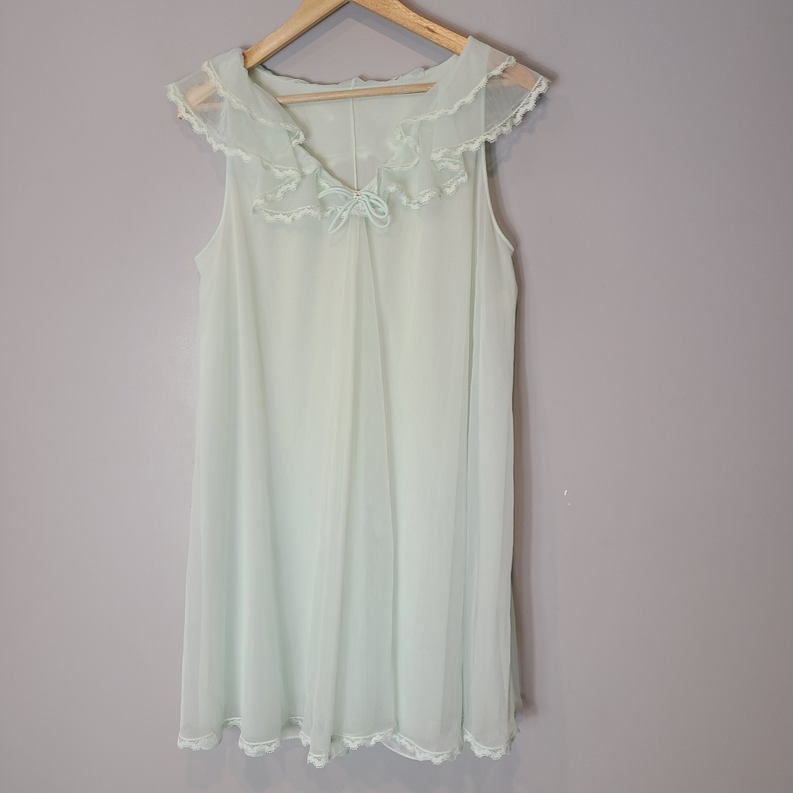 Vtg 50s Sheer Nylon Chiffon Babydoll Peignoir Dress Lace Sz Medium Dainty Green