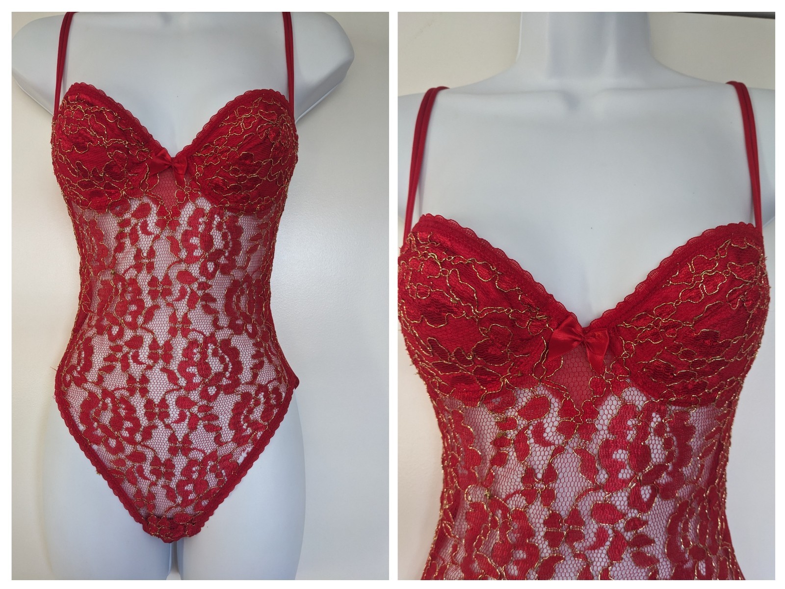 Vintage Red Lace Satin Bodysuit Lily of France bra snap lingerie 34B