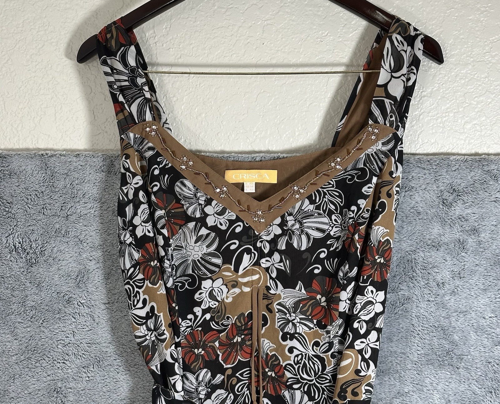 Vintage Crisca Women’s Dress US 40=Size 8/10 Floral Neck Beaded Flowy Retro Boho