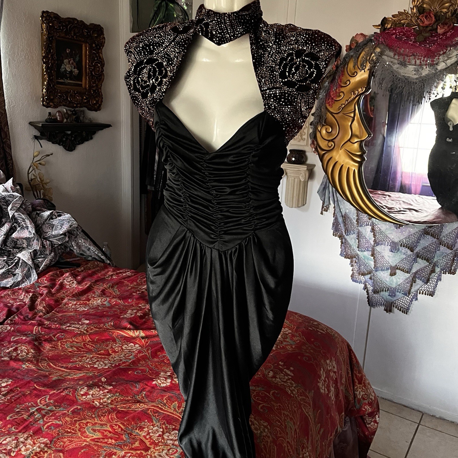 1980s David Howard Climax Karen Okada Ruched Hip Wiggle Dress Black Burgundy XS