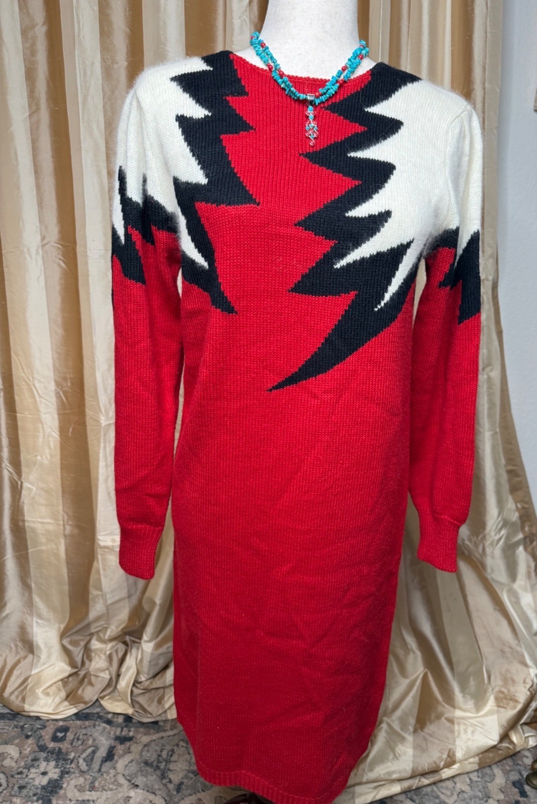 VTG Yarnworks Petite S Red White Lightning Bolt Sweater Dress Lambswool read y2k