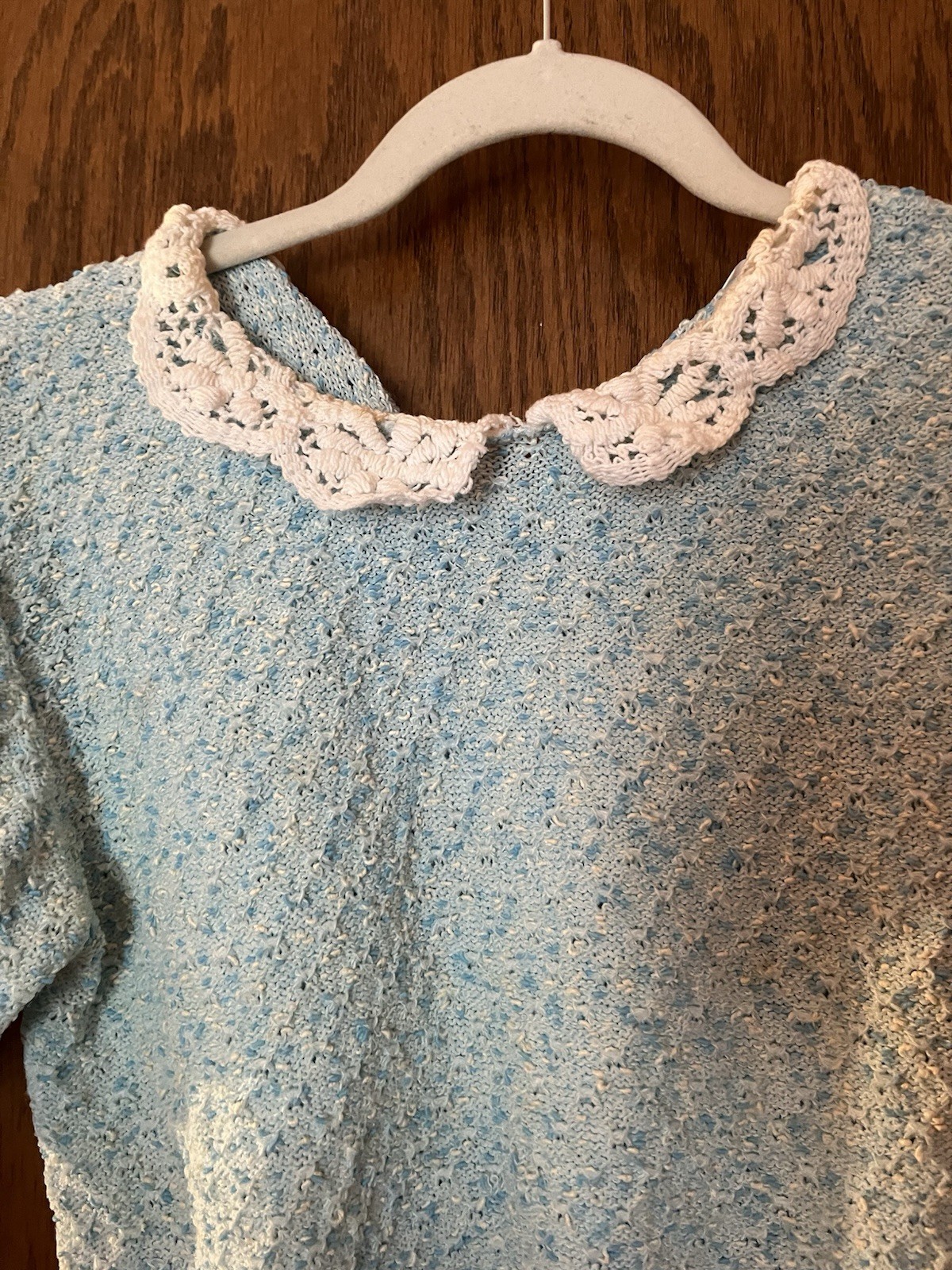 80s Does 50s Vintage Aquamarine Knit Cap Sleeve Sweater With Lace Collar Size M