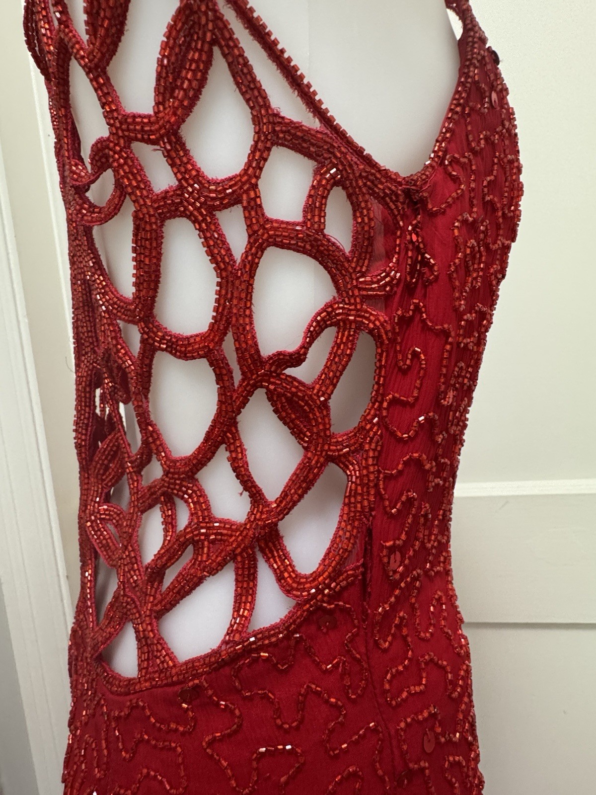 Sean Collection Vintage 90s Red Sequin Silk Gown Beaded Cage Back Formal L