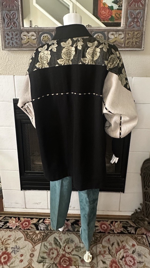Vtg Wool Coat XL Lady Suzette Black Gold 80s Glam Zip Up Jacket Bat Wing Sleeves