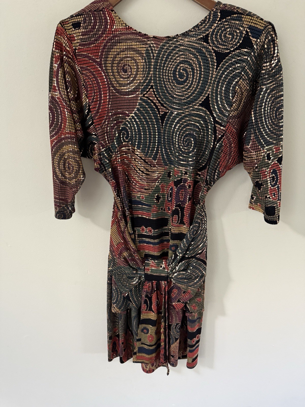 Vintage Cache Metallic Mosaic Dress Womens Size S Made In Italy 80s Midi