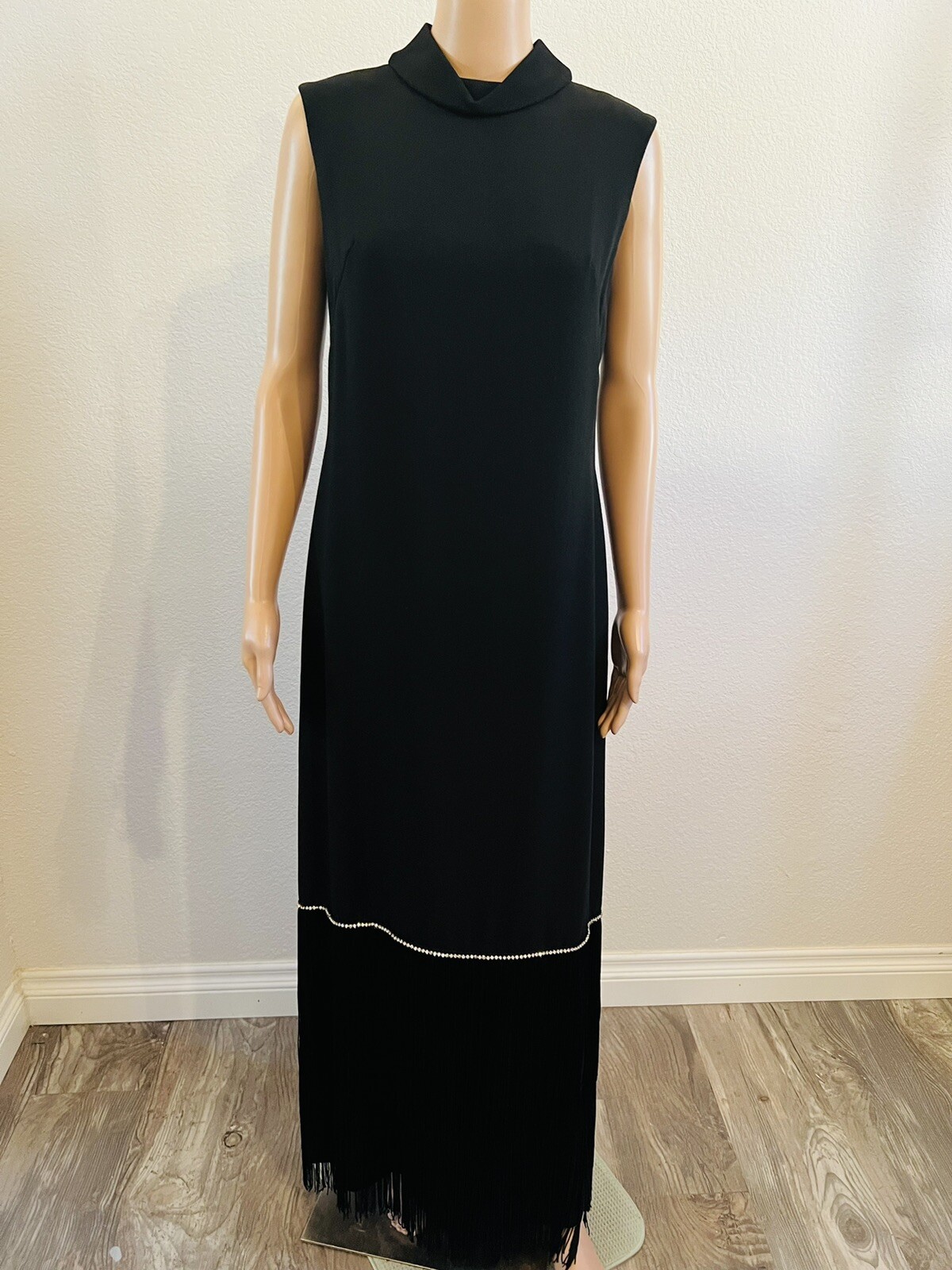 VTG 1960s Pavillon Design Black Evening Gown Maxi Dress Fringe & Rhinestones M*
