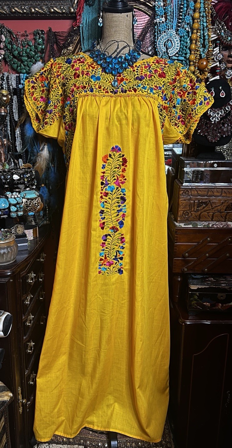 Beautiful Mexican Oaxacan Bright Mustard & Multi Colored Silk Embroidery XL/XXL