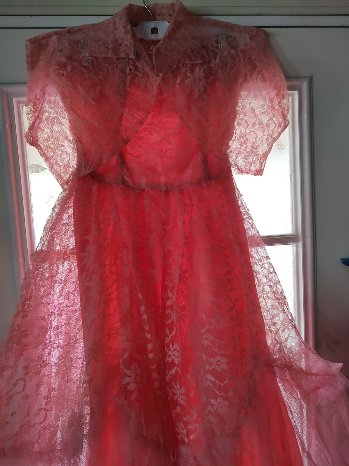 Vintage 50s Sz S Candy Pink Lace Ball Gown With Ballero Jacket Crinoline, Metal