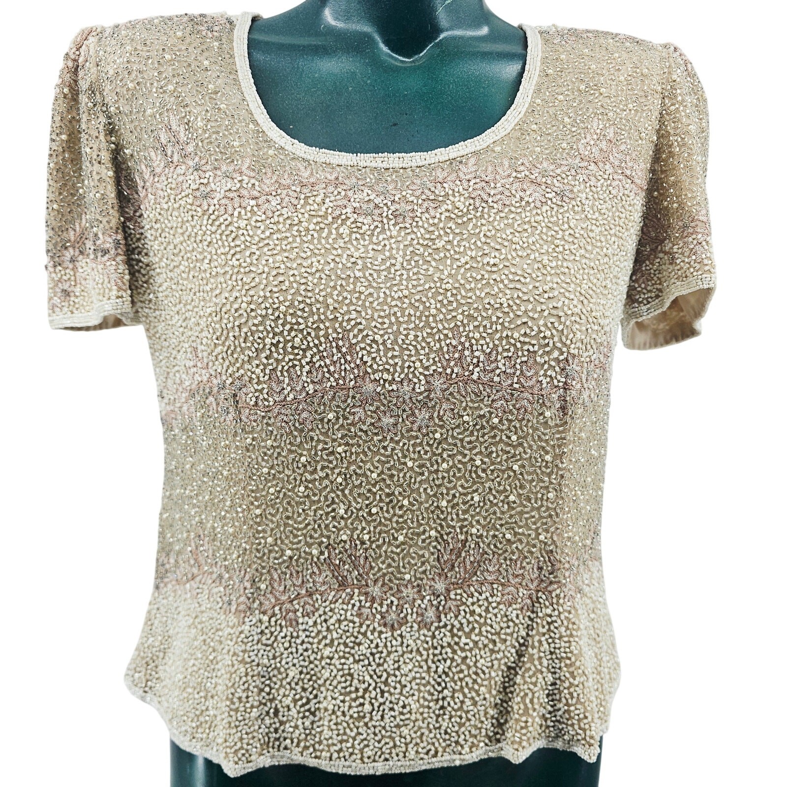 Vintage Adrianna Papell Champagne silk beaded sequined evening Blouse Top 8