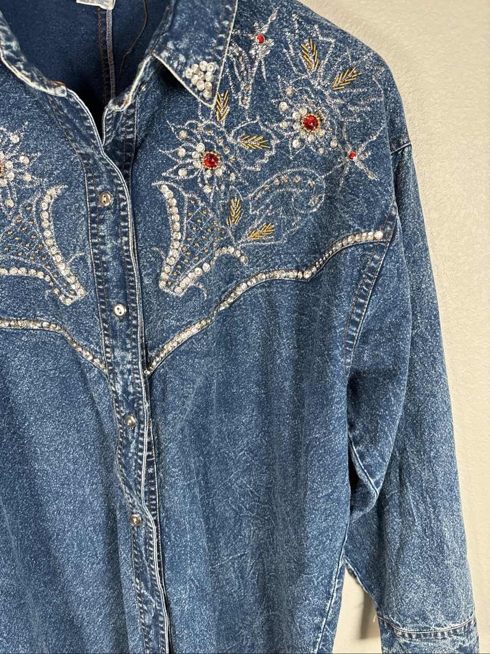 VTG 80s 90s Pretty Bleu Women’s Acid Wash Embellished Denim Jean Shirt M