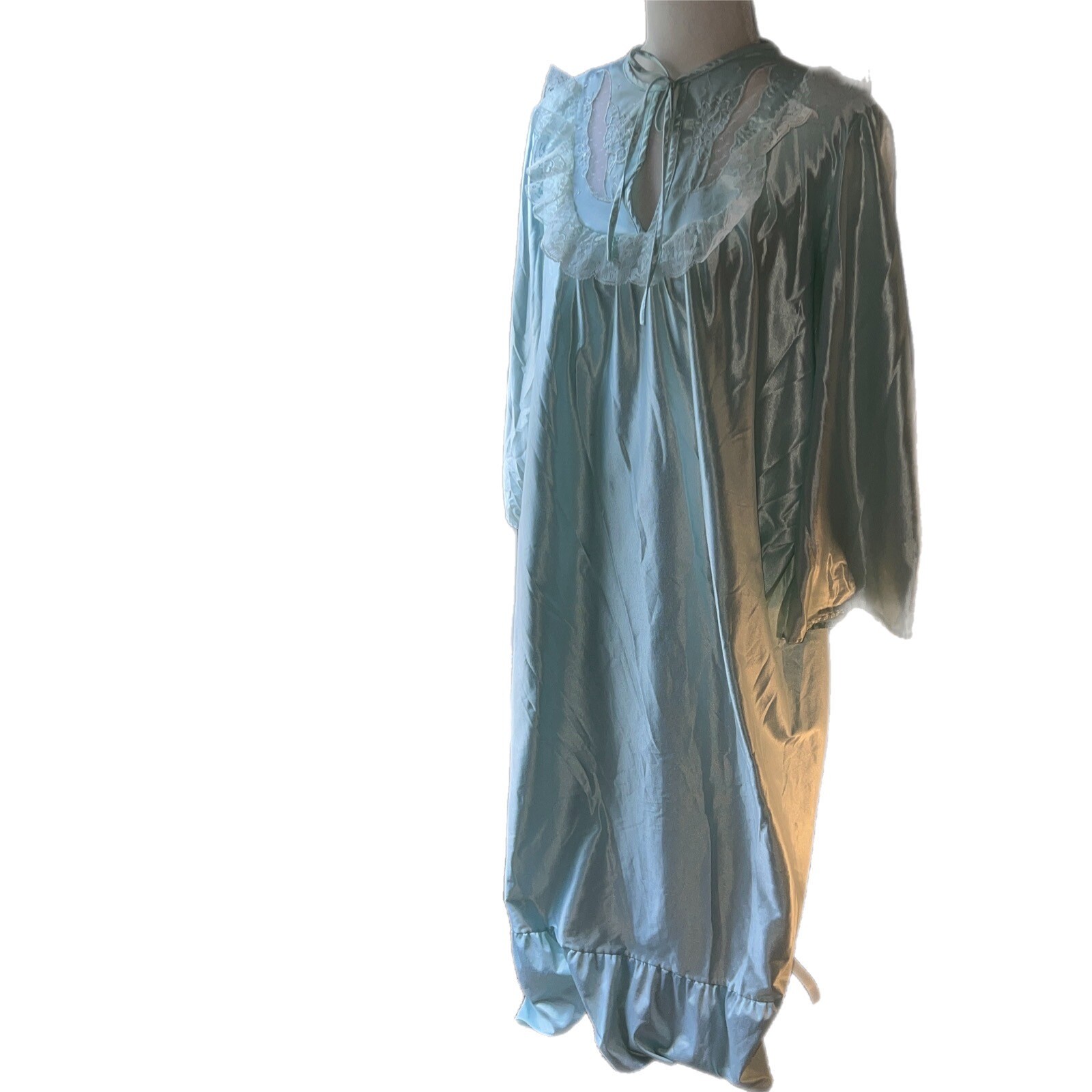 VNTG STARDUST Maxi Tiered Aqua Blue SATINY Cottony Lining NIGHTGOWN M