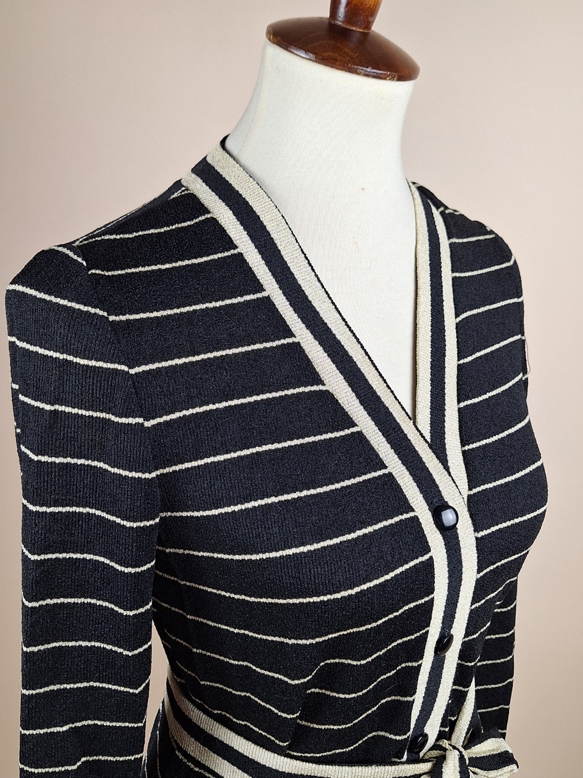 Vintage 1960s Black And Cream Knit Set Sweater Cardigan And Skirt With Ties