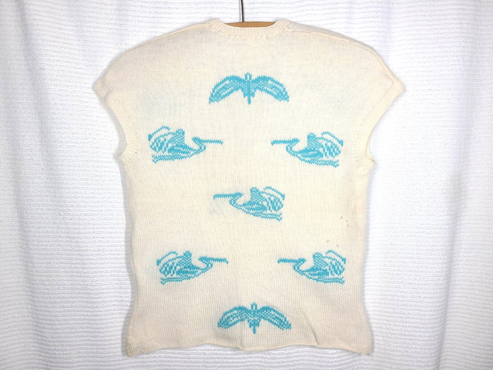 Vtg 50s Wool Hand Knit Top Intarsia Birds Stork Ivory Blue S M Retro Pinup Ooak