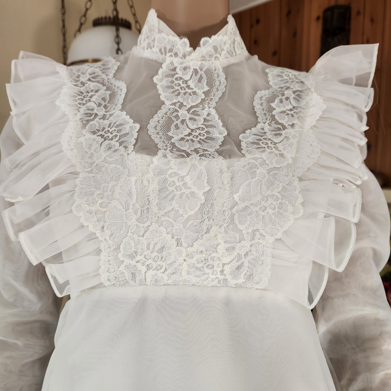 Vintage 70s Victorian Prairie Lace Wedding Gown & Veil Set