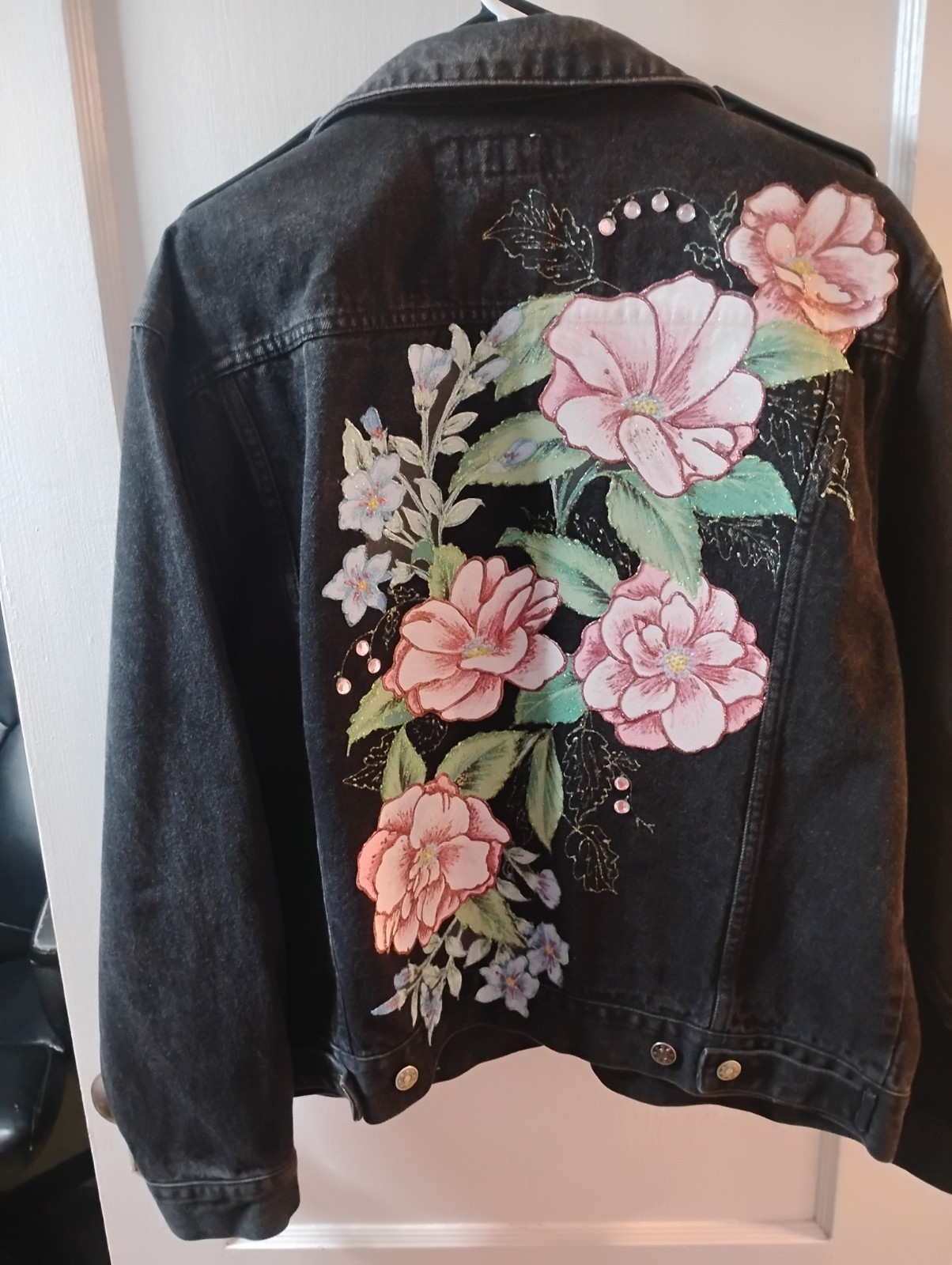 Vintage 80s Todays News Black Denim Jacket Embroidered Floral Rhinestone Concho